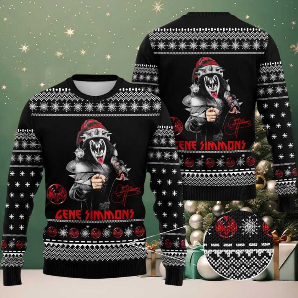 Kiss Gene Simmons With Santa Hat And Signature Xmas Holiday Best Gift For Fans Black Ugly Christmas Sweater Kiss Gene Simmons With Santa Hat And Signature Xmas Holiday Best Gift For Fans Black Ugly Christmas Sweater