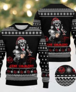 Kiss Gene Simmons With Santa Hat And Signature Xmas Holiday Best Gift For Fans Black Ugly Christmas Sweater