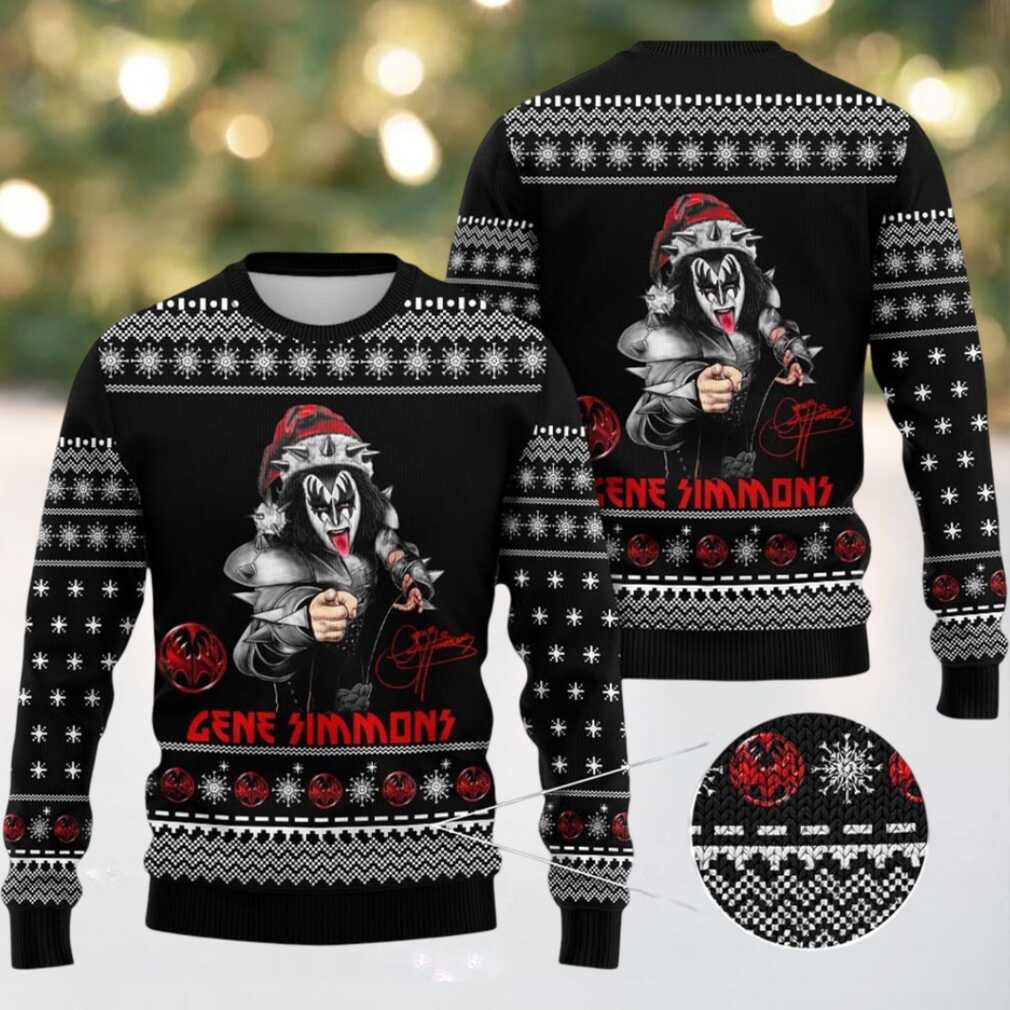 Kiss Gene Simmons With Santa Hat And Signature Xmas Holiday Best Gift For Fans Black Ugly Christmas Sweater Kiss Gene Simmons With Santa Hat And Signature Xmas Holiday Best Gift For Fans Black Ugly Christmas Sweater