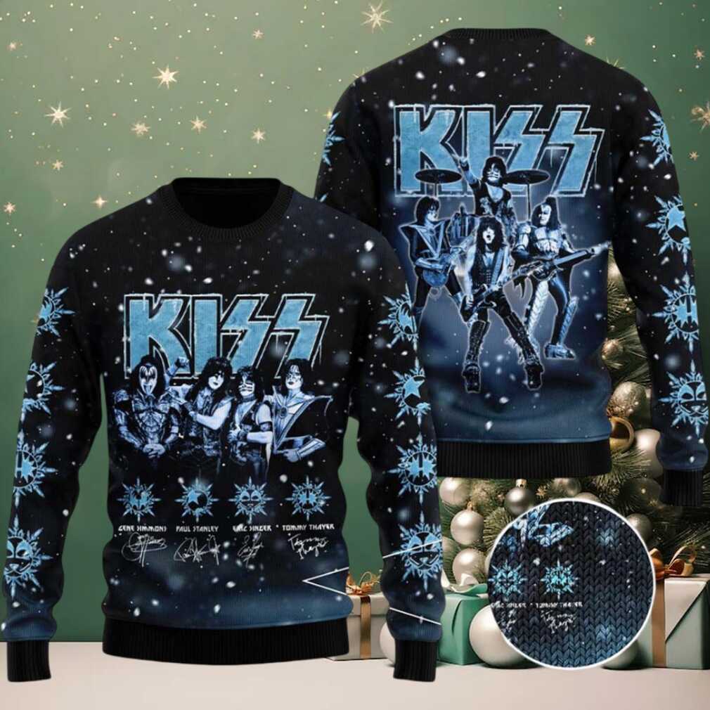 Kiss Graphics With Signatures Snowy Night Holiday Style 2025 Ugly Christmas Sweater Kiss Graphics With Signatures Snowy Night Holiday Style 2025 Ugly Christmas Sweater