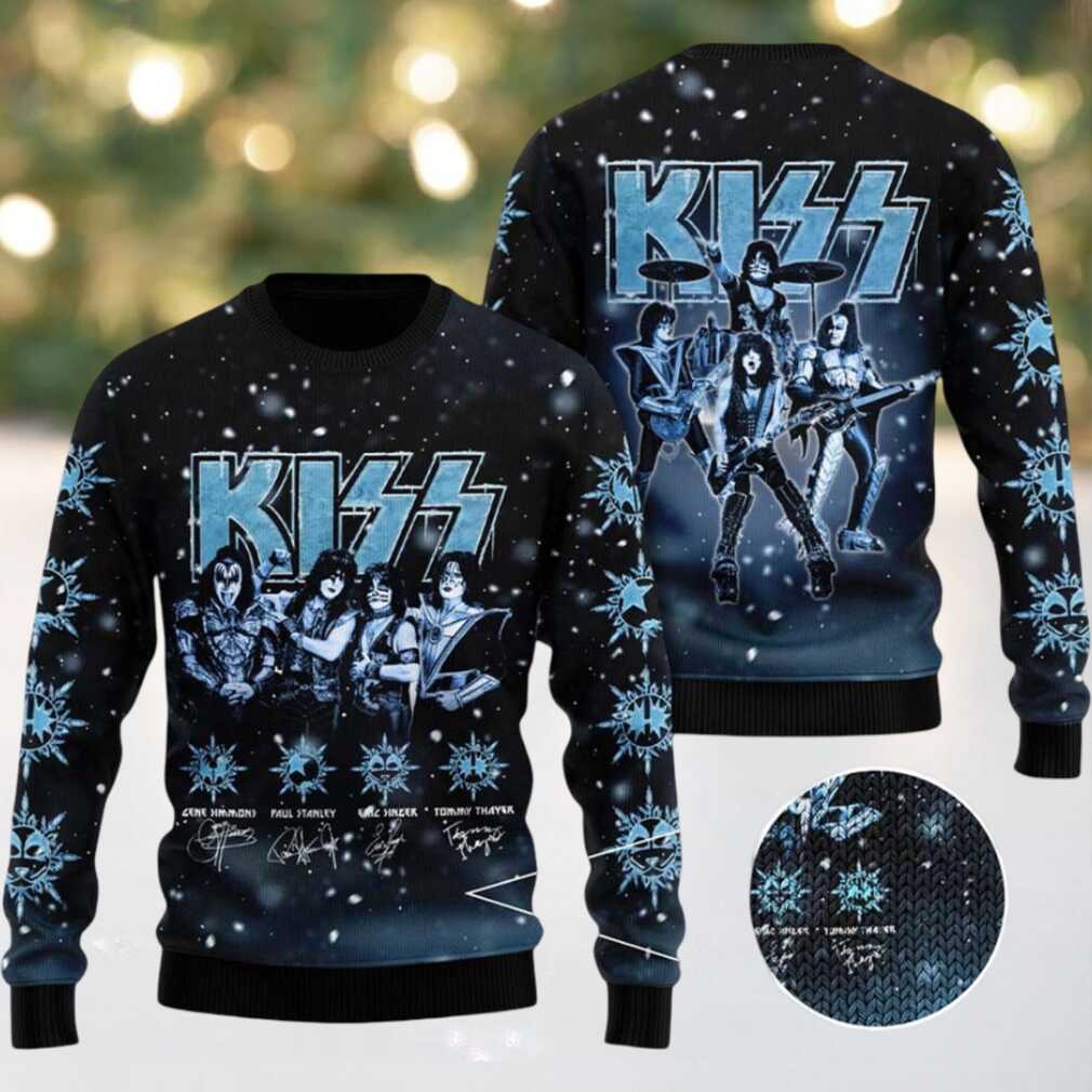 Kiss Graphics With Signatures Snowy Night Holiday Style 2025 Ugly Christmas Sweater Kiss Graphics With Signatures Snowy Night Holiday Style 2025 Ugly Christmas Sweater