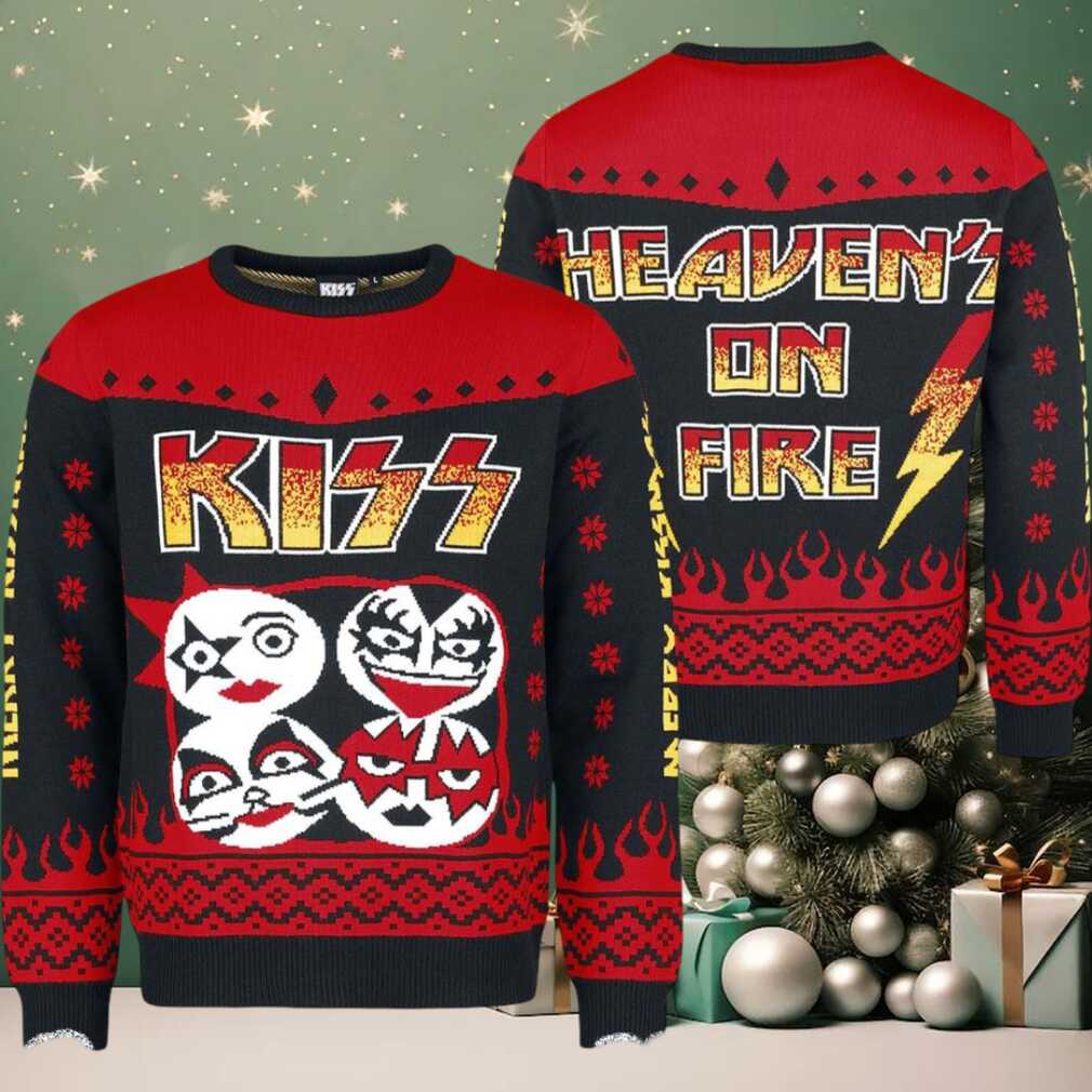 Kiss Heaven On Fire Band Members Faces Logo Ugly Christmas Sweater Kiss Heaven On Fire Band Members Faces Logo Ugly Christmas Sweater
