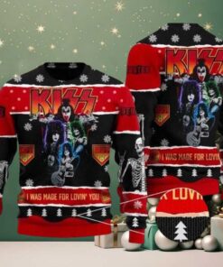 Kiss I Was Made For Loving You Skeleton Knitted Black And Red Ugly Christmas Sweater