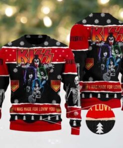 Kiss I Was Made For Loving You Skeleton Knitted Black And Red Ugly Christmas Sweater