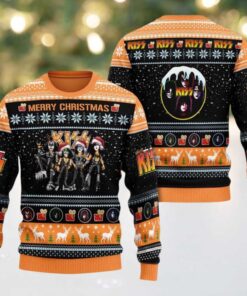 Kiss Merry Christmas Funny Santa Band Members Cartoon Style Snowy Gift For Fans Ugly Christmas Sweater