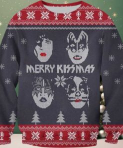 Kiss Merry Kissmas Band Member Faces Queens Style Knitted Snowflakes Pattern Vintage Ugly Christmas Sweater