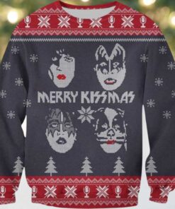 Kiss Merry Kissmas Band Member Faces Queens Style Knitted Snowflakes Pattern Vintage Ugly Christmas Sweater