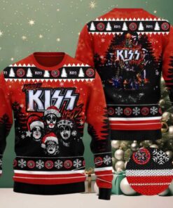 Kiss Merry Kissmas Funny Faces With Santa Hat Knitted Red Ugly Christmas Sweater