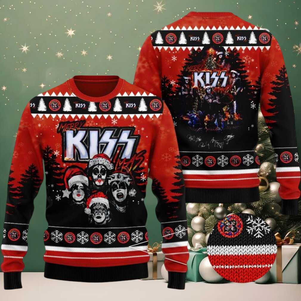 Kiss Merry Kissmas Funny Faces With Santa Hat Knitted Red Ugly Christmas Sweater Kiss Merry Kissmas Funny Faces With Santa Hat Knitted Red Ugly Christmas Sweater