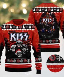 Kiss Merry Kissmas Funny Faces With Santa Hat Knitted Red Ugly Christmas Sweater