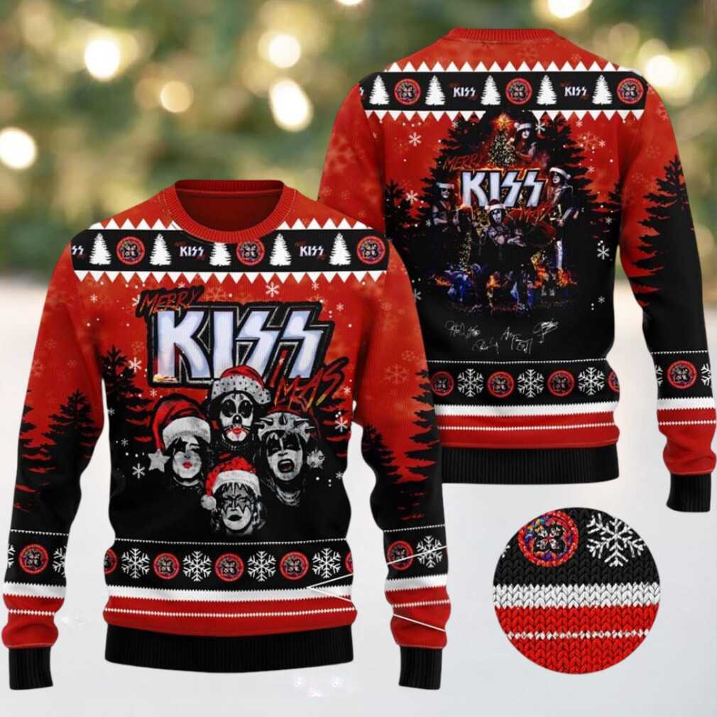 Kiss Merry Kissmas Funny Faces With Santa Hat Knitted Red Ugly Christmas Sweater Kiss Merry Kissmas Funny Faces With Santa Hat Knitted Red Ugly Christmas Sweater