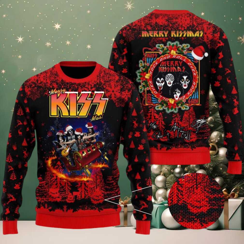 Kiss Merry Kissmas Rock And Roll In The Reindeer Sleigh Ugly Christmas Sweater Kiss Merry Kissmas Rock And Roll In The Reindeer Sleigh Ugly Christmas Sweater