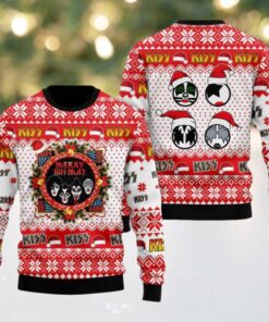 Kiss Merry Kissmas Rock And Roll Over Xmas Wreath With Funny Logo Santa Hat Ugly Christmas Sweater