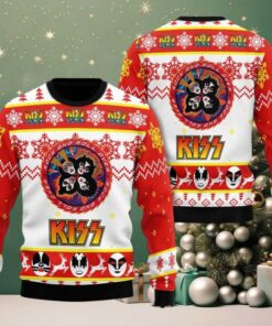 Kiss Rock And Roll Over Circle Logo Faces Pattern Knitted Red And White Ugly Christmas Sweater