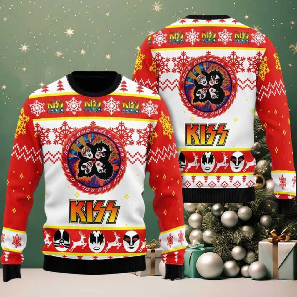 Kiss Rock And Roll Over Circle Logo Faces Pattern Knitted Red And White Ugly Christmas Sweater Kiss Rock And Roll Over Circle Logo Faces Pattern Knitted Red And White Ugly Christmas Sweater
