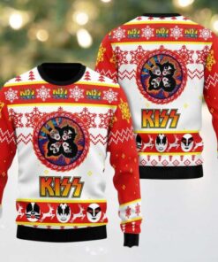Kiss Rock And Roll Over Circle Logo Faces Pattern Knitted Red And White Ugly Christmas Sweater