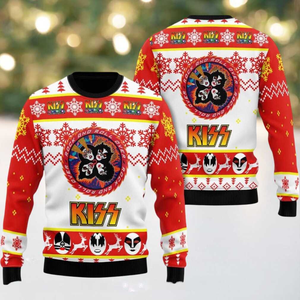 Kiss Rock And Roll Over Circle Logo Faces Pattern Knitted Red And White Ugly Christmas Sweater Kiss Rock And Roll Over Circle Logo Faces Pattern Knitted Red And White Ugly Christmas Sweater