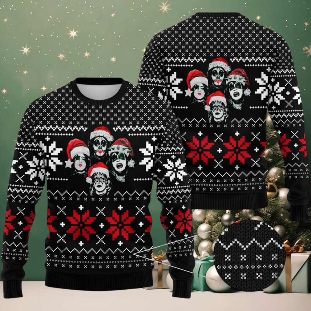 Kiss Santa Member Graphic As Queens Style Snowflakes Pattern Knitted Black Ugly Christmas Sweater Kiss Santa Member Graphic As Queens Style Snowflakes Pattern Knitted Black Ugly Christmas Sweater