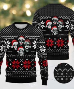 Kiss Santa Member Graphic As Queens Style Snowflakes Pattern Knitted Black Ugly Christmas Sweater