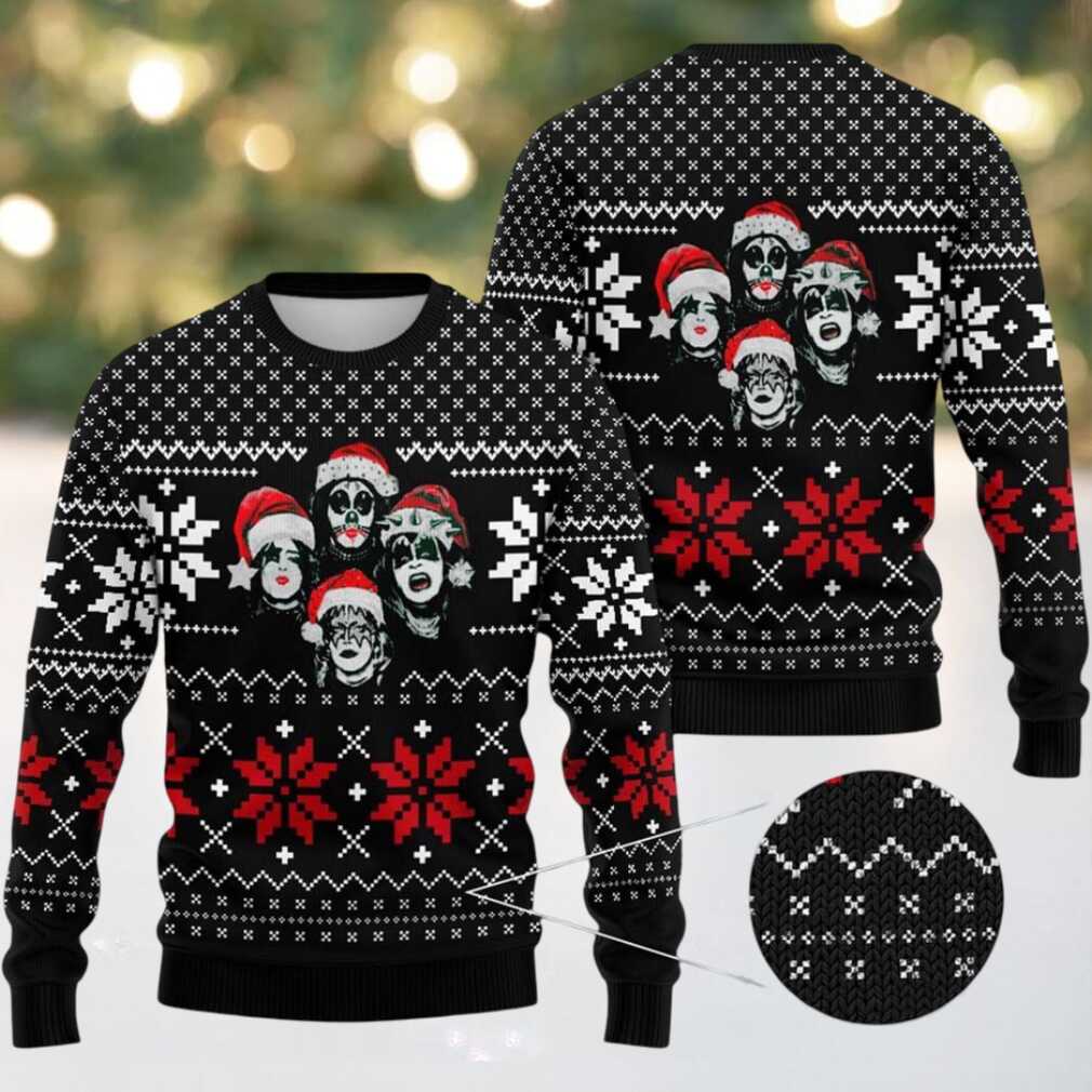 Kiss Santa Member Graphic As Queens Style Snowflakes Pattern Knitted Black Ugly Christmas Sweater Kiss Santa Member Graphic As Queens Style Snowflakes Pattern Knitted Black Ugly Christmas Sweater