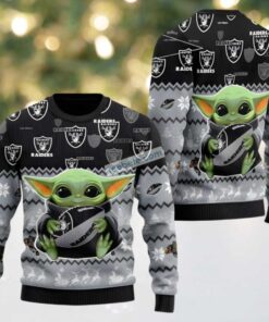 Las Vegas Raiders Baby Yoda Star Wars Cute Ugly Christmas Sweater Grey