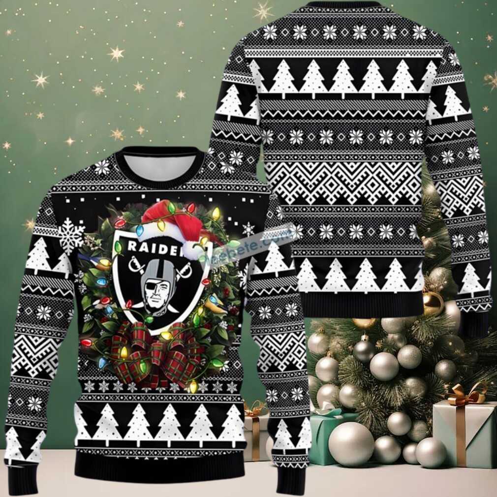 Las Vegas Raiders Christmas Wreath Ugly Sweater Naughty Black Las Vegas Raiders Christmas Wreath Ugly Sweater Naughty Black