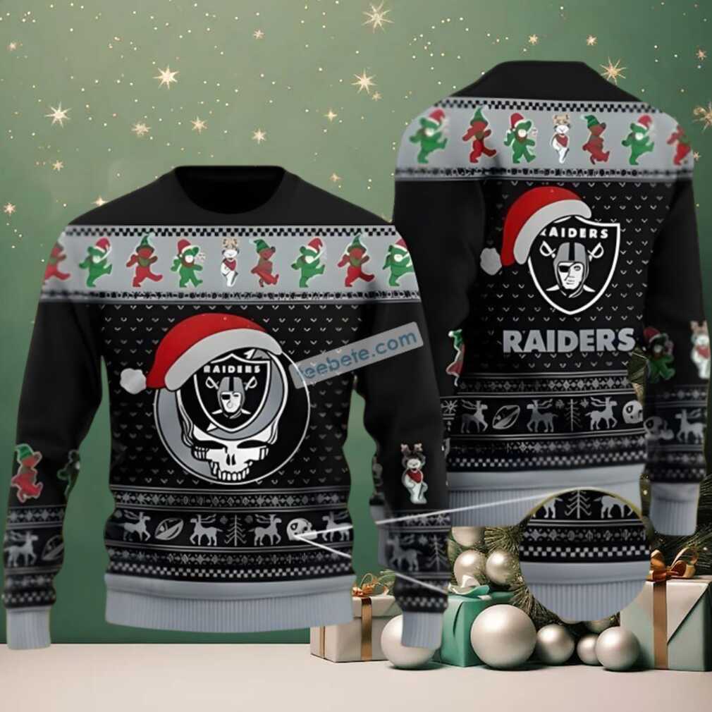 Las Vegas Raiders Grateful Dead Ugly Christmas Sweater Plus Size Black Grey Las Vegas Raiders Grateful Dead Ugly Christmas Sweater Plus Size Black Grey