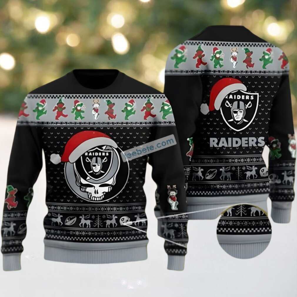 Las Vegas Raiders Grateful Dead Ugly Christmas Sweater Plus Size Black Grey Las Vegas Raiders Grateful Dead Ugly Christmas Sweater Plus Size Black Grey