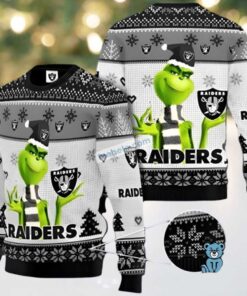 Las Vegas Raiders Grinch Candy Ugly Christmas Sweater White Grey Big And Tall