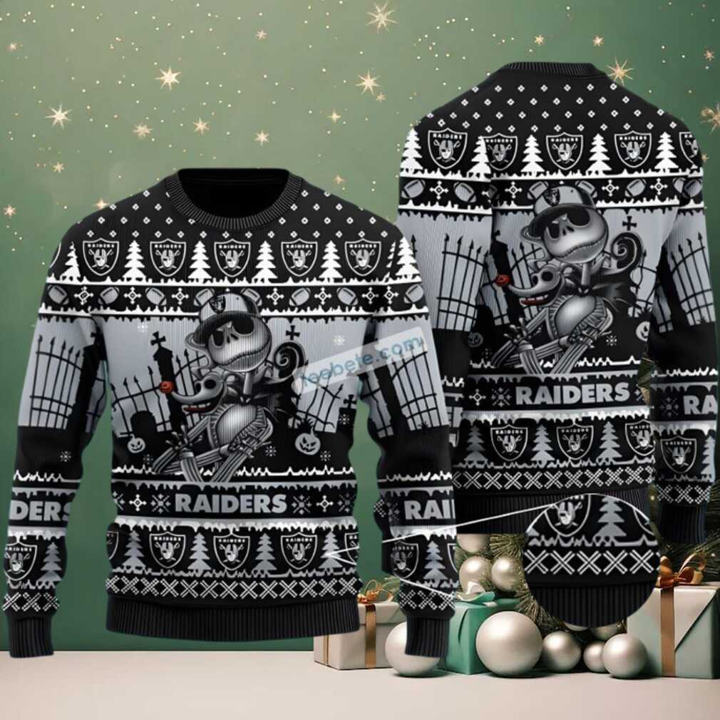 Las Vegas Raiders Jack Skellington Zero Halloween Ugly Xmas Sweater Party Black Grey Las Vegas Raiders Jack Skellington Zero Halloween Ugly Xmas Sweater Party Black Grey