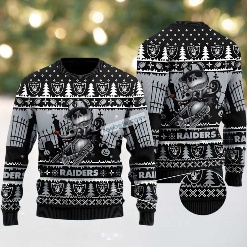 Las Vegas Raiders Jack Skellington Zero Halloween Ugly Xmas Sweater Party Black Grey Las Vegas Raiders Jack Skellington Zero Halloween Ugly Xmas Sweater Party Black Grey