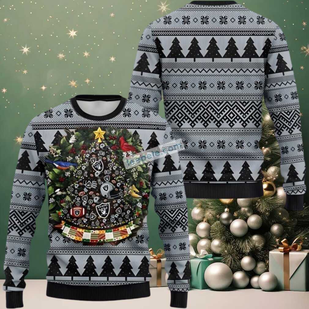 Las Vegas Raiders Laurel Wreath And Pine Tree Ugly Sweater Grey Las Vegas Raiders Laurel Wreath And Pine Tree Ugly Sweater Grey