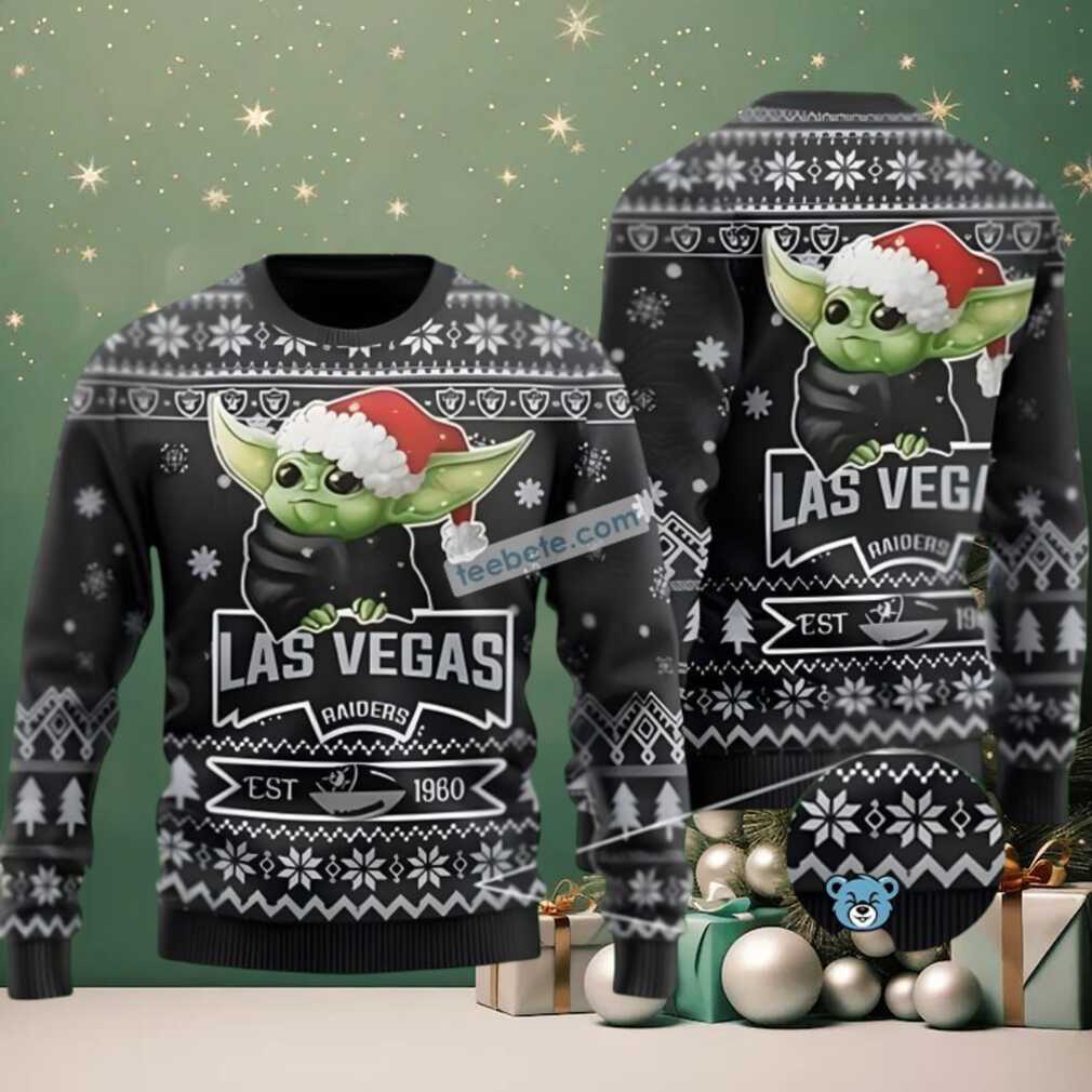 Las Vegas Raiders Santa Hat Baby Yoda Best Christmas Ugly Sweaters Black Las Vegas Raiders Santa Hat Baby Yoda Best Christmas Ugly Sweaters Black