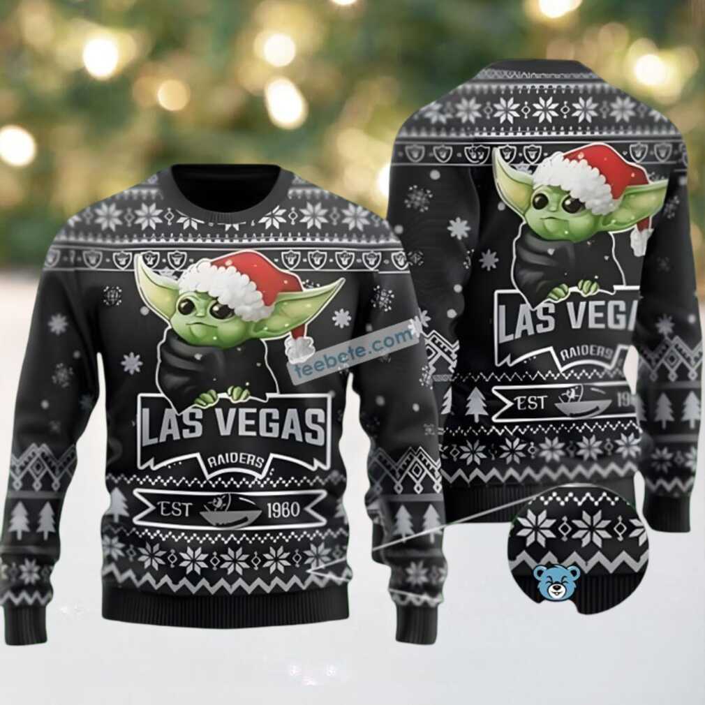 Las Vegas Raiders Santa Hat Baby Yoda Best Christmas Ugly Sweaters Black Las Vegas Raiders Santa Hat Baby Yoda Best Christmas Ugly Sweaters Black