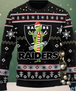 Las Vegas Raiders Santa Hat Grinch Ugly Christmas Sweater Black