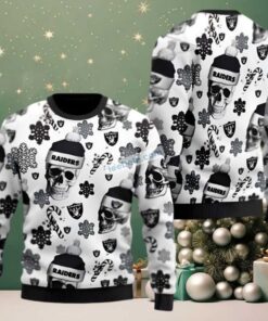 Las Vegas Raiders Skull Wearing Santa Hat Couples Ugly Christmas Sweaters Black White Las Vegas Raiders Skull Wearing Santa Hat Couples Ugly Christmas Sweaters Black White