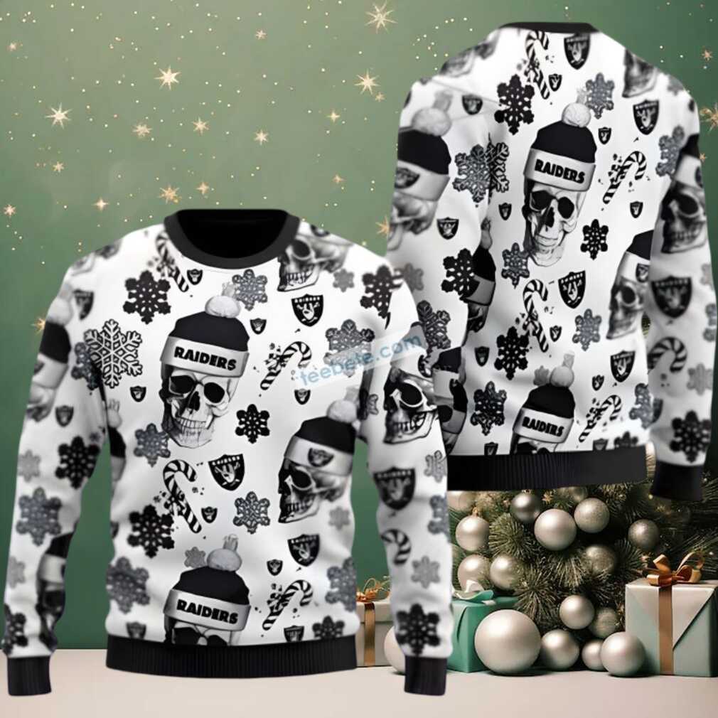 Las Vegas Raiders Skull Wearing Santa Hat Couples Ugly Christmas Sweaters Black White Las Vegas Raiders Skull Wearing Santa Hat Couples Ugly Christmas Sweaters Black White