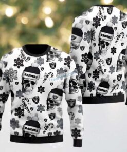 Las Vegas Raiders Skull Wearing Santa Hat Couples Ugly Christmas Sweaters Black White