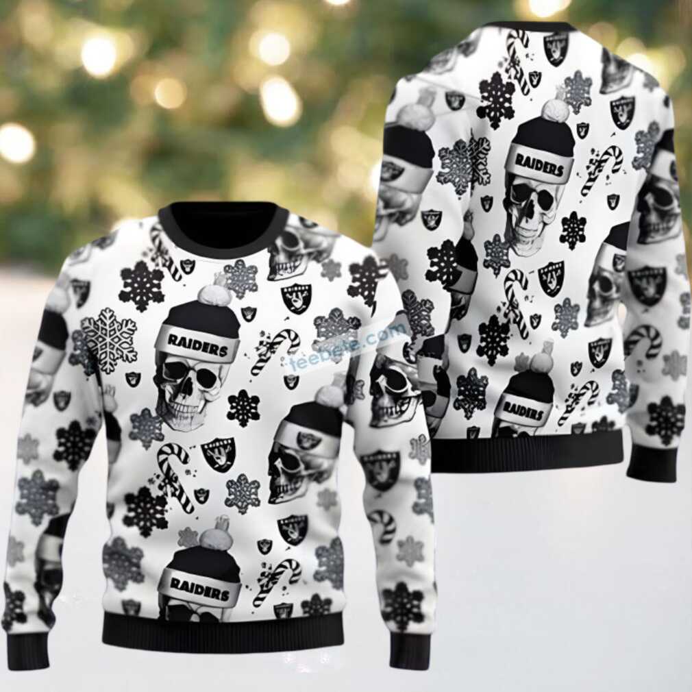 Las Vegas Raiders Skull Wearing Santa Hat Couples Ugly Christmas Sweaters Black White Las Vegas Raiders Skull Wearing Santa Hat Couples Ugly Christmas Sweaters Black White
