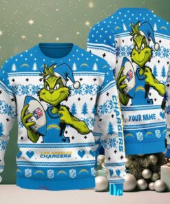 Los Angeles Chargers Grinch With Ball NFL Ugly Christmas Sweater Los Angeles Chargers Grinch With Ball NFL Ugly Christmas Sweater