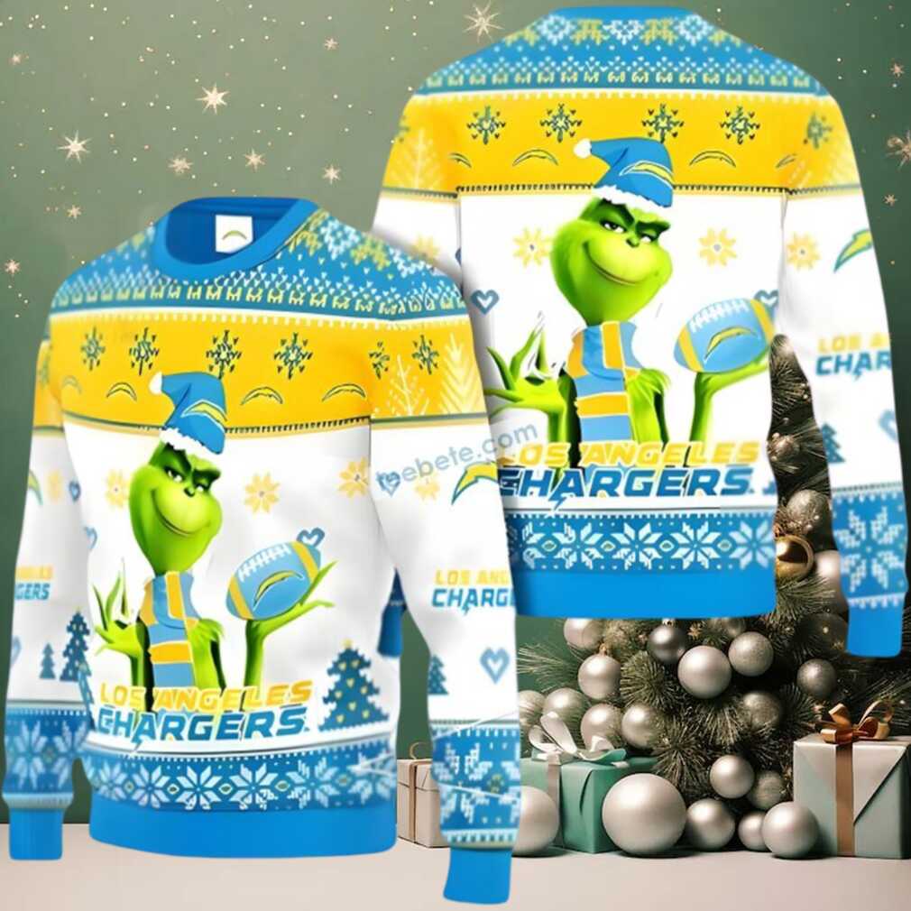 Los Angeles Chargers Grinch Xmas Ugly Sweater Blue White Los Angeles Chargers Grinch Xmas Ugly Sweater Blue White