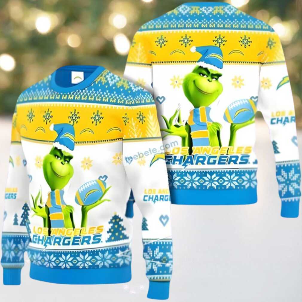 Los Angeles Chargers Grinch Xmas Ugly Sweater Blue White Los Angeles Chargers Grinch Xmas Ugly Sweater Blue White