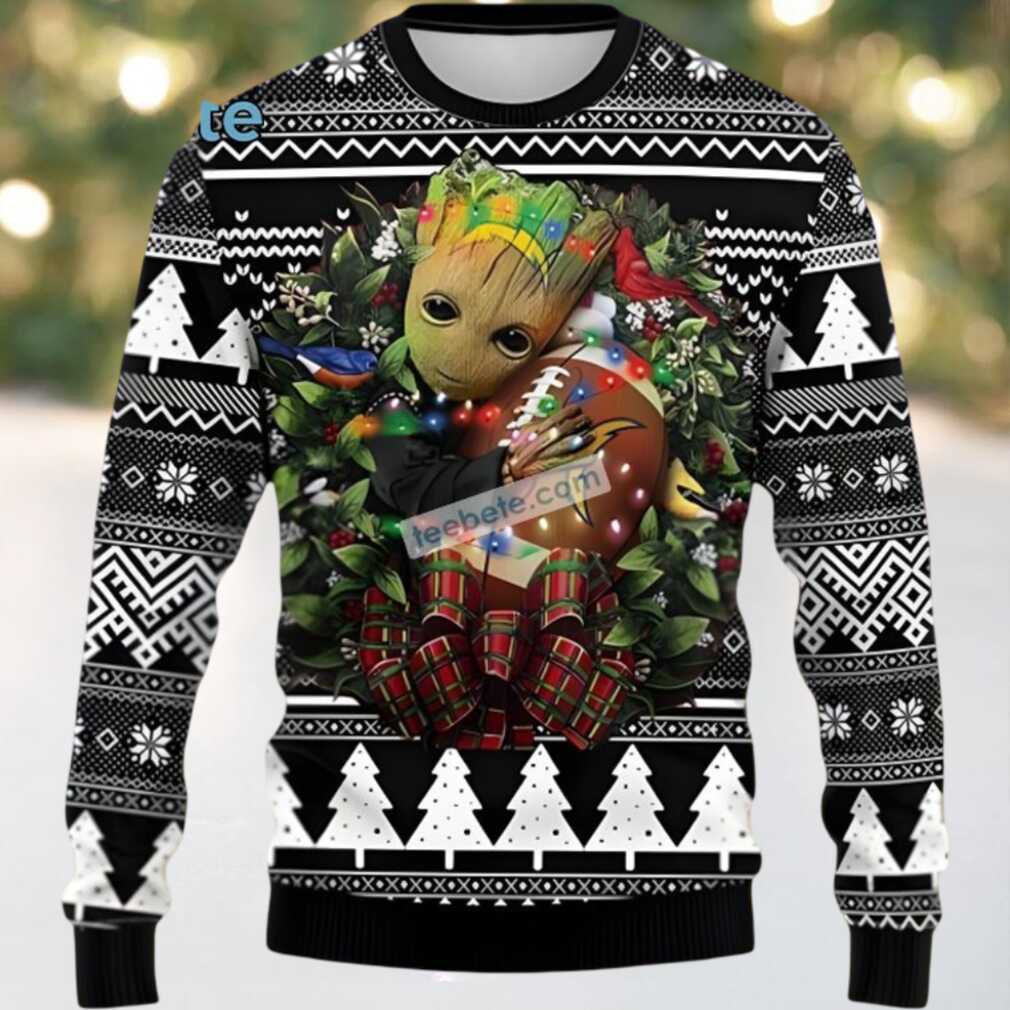 Los Angeles Chargers Groot Hug Wreath Ugly Christmas Sweater Black Cool Los Angeles Chargers Groot Hug Wreath Ugly Christmas Sweater Black Cool