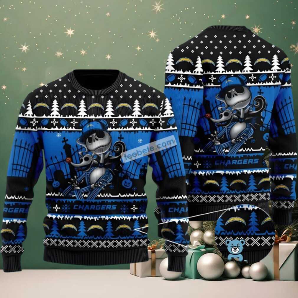 Los Angeles Chargers Jack Skellington Zero Christmas Vacation Ugly Sweater Blue Black Los Angeles Chargers Jack Skellington Zero Christmas Vacation Ugly Sweater Blue Black