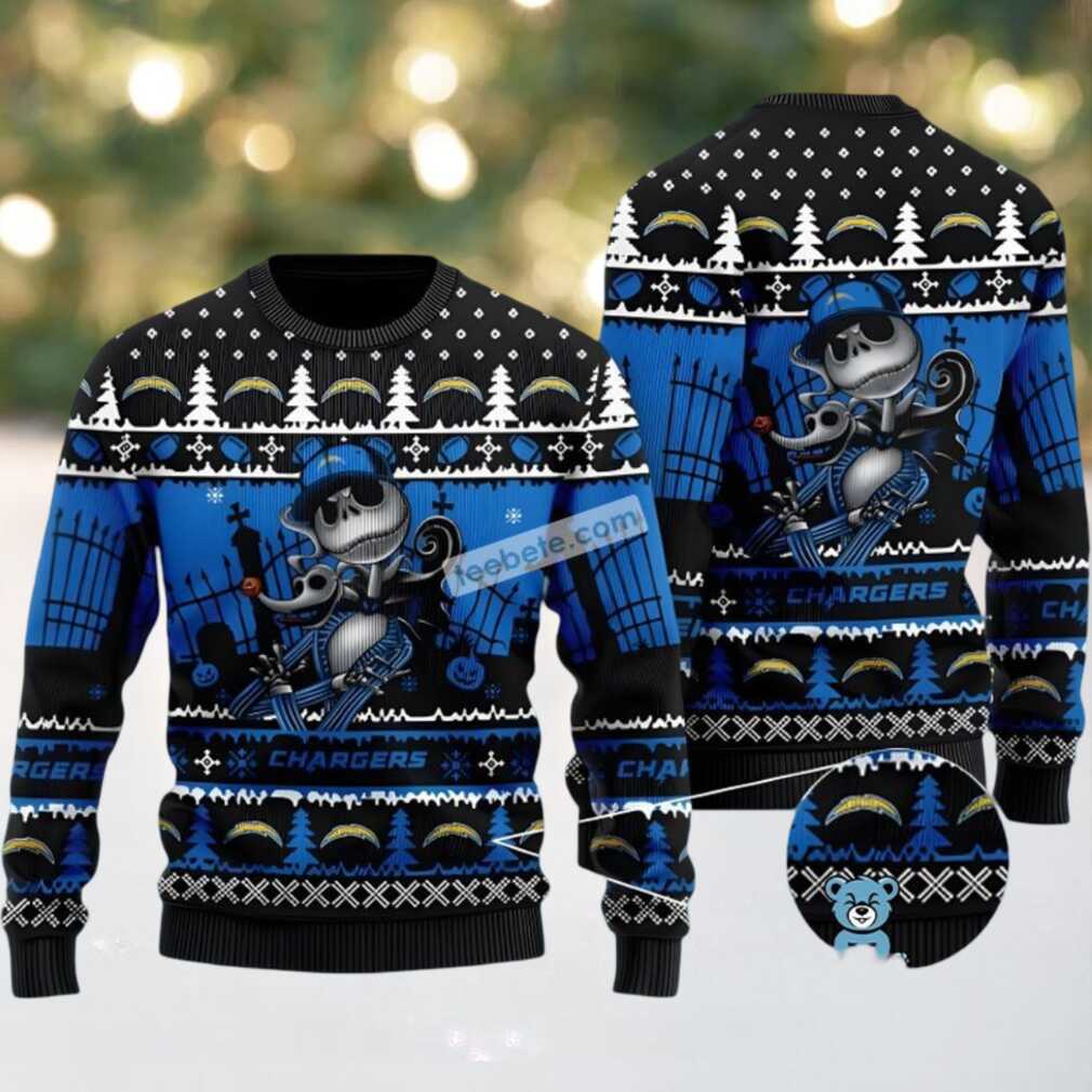Los Angeles Chargers Jack Skellington Zero Christmas Vacation Ugly Sweater Blue Black Los Angeles Chargers Jack Skellington Zero Christmas Vacation Ugly Sweater Blue Black