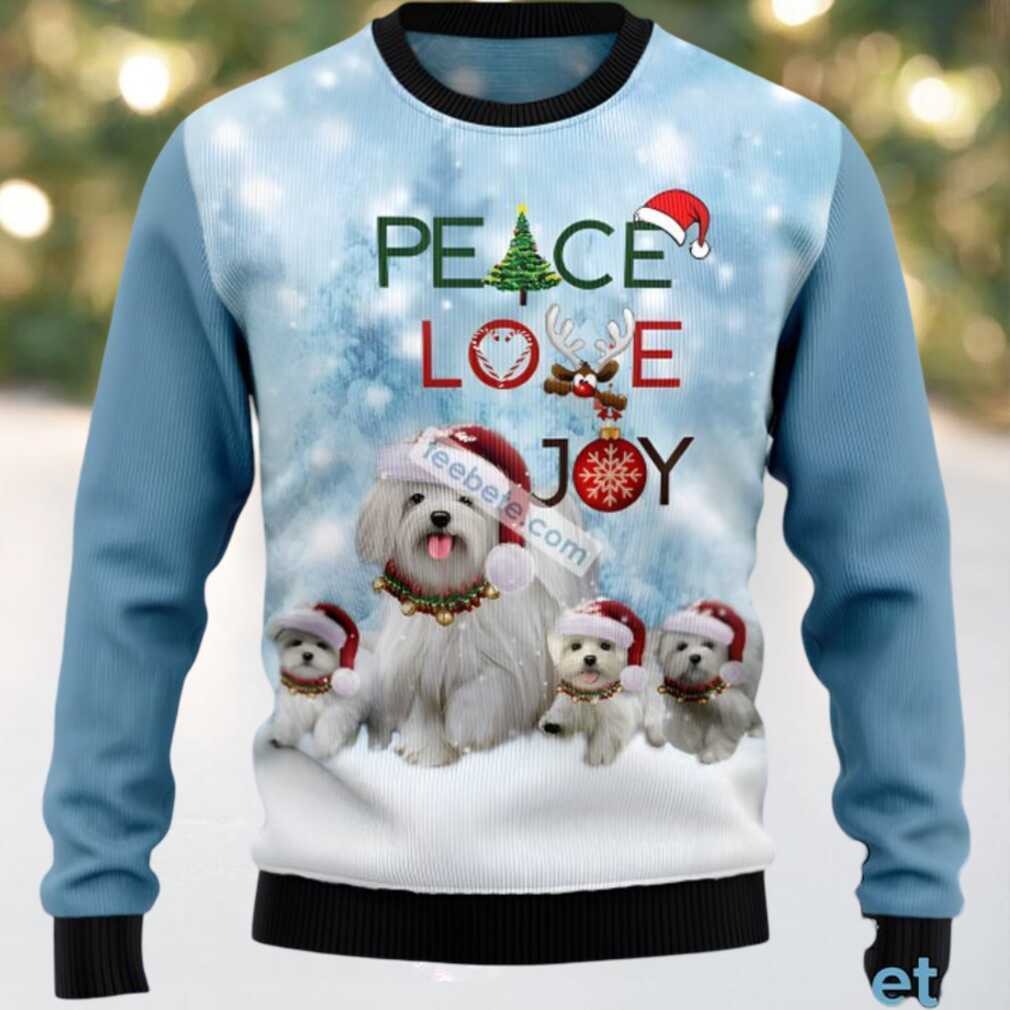 Maltese Dog Peace Love Joy Ugly Christmas Sweater Blue Mens, hoodie, sweater, long sleeve and tank top Maltese Dog Peace Love Joy Ugly Christmas Sweater Blue Mens front