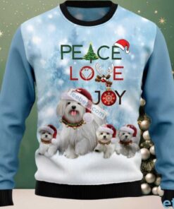 Maltese Dog Peace Love Joy Ugly Christmas Sweater Blue Mens, hoodie, sweater, long sleeve and tank top Maltese Dog Peace Love Joy Ugly Christmas Sweater Blue Mens