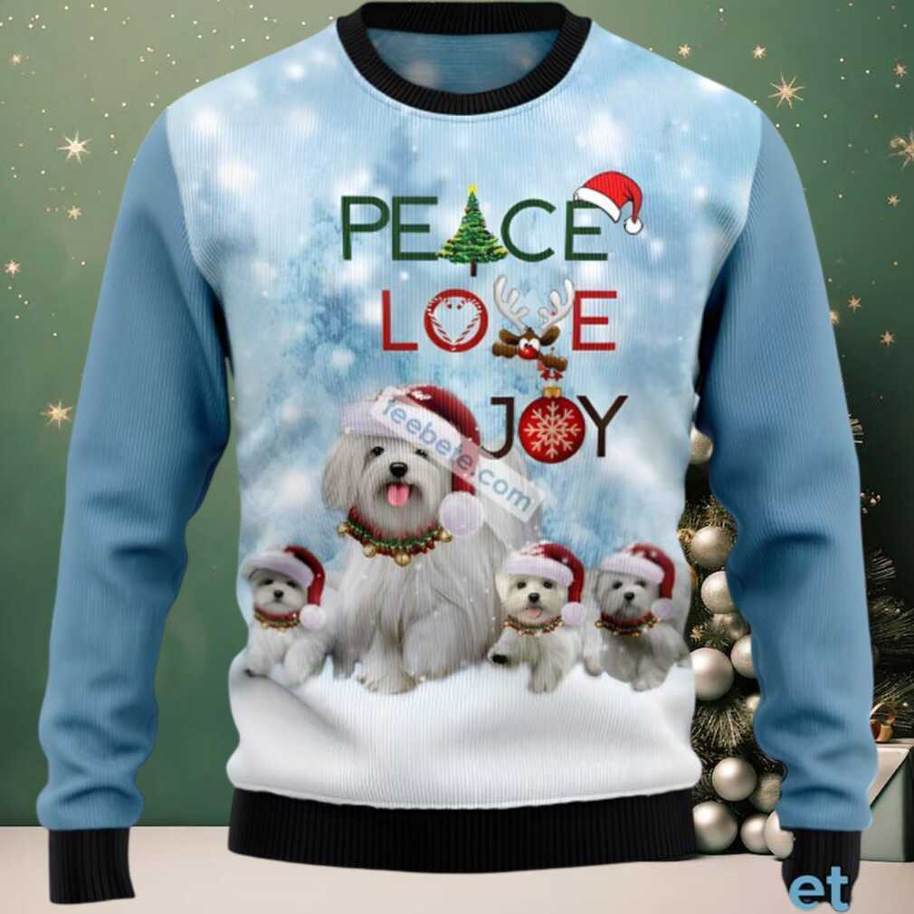 Maltese Dog Peace Love Joy Ugly Christmas Sweater Blue Mens, hoodie, sweater, long sleeve and tank top Maltese Dog Peace Love Joy Ugly Christmas Sweater Blue Mens detail