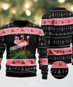 Mens Black Pink Flamingo Ugly Christmas Sweater