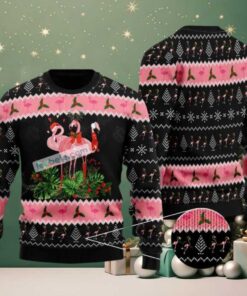Mens Black Pink Flamingo Ugly Christmas Sweater